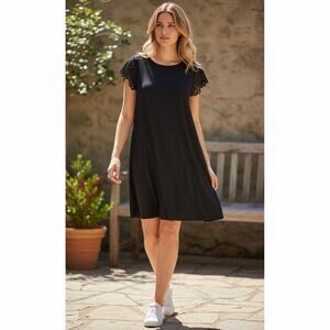 Loft Navy Knit Dress Crochet Sleeve & Back Western Casual Flowy Size M